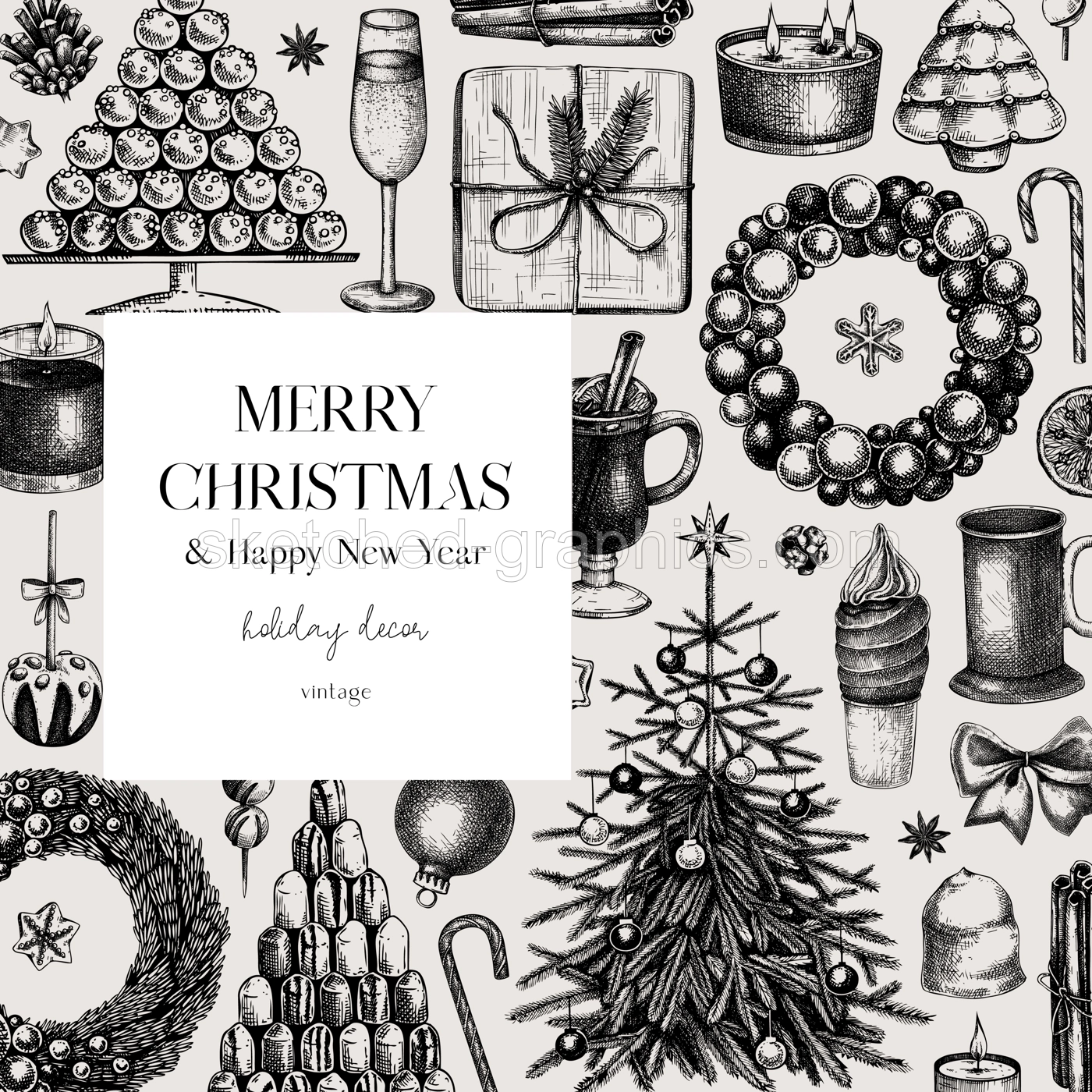 Christmas card design. Hand drawn vector illustration. Winter holiday background. Christmas tree decoration, Christmas wreath, hot dinks, sweets and gift sketches. Vintage template Illustration